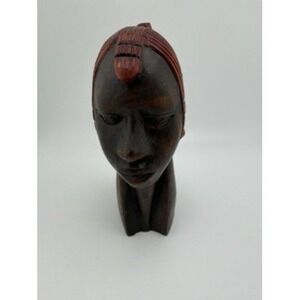 Vintage African Hand Carved Wooden Bust Sculpture Woman BraidedHair Dark Wood 6"